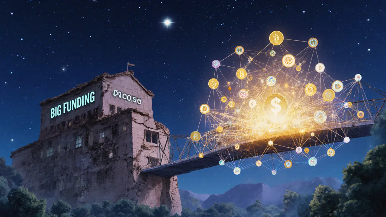 A crumbling traditional research building contrasts with a glowing decentralized platform of NEOS tokens rising as a bridge to starry breakthroughs.
