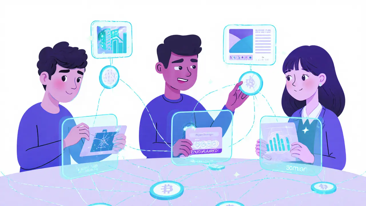 A developer, researcher, and business owner interact with holographic AI tools connected by glowing AITECH token pathways.