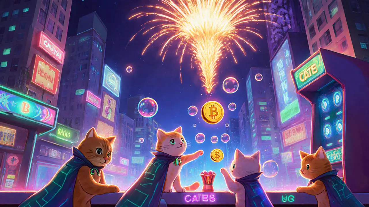 A digital cat city with cats playing a bet2win game under glowing BNB Chain lights and token firework.