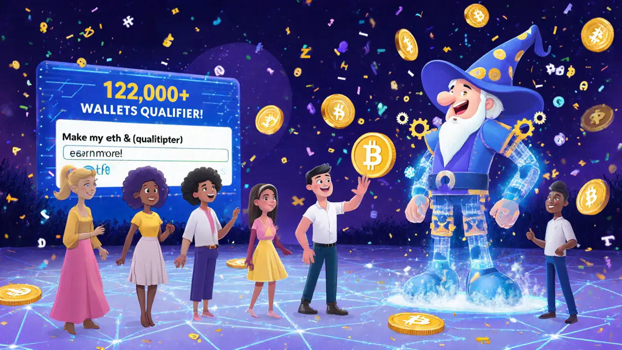 A diverse group celebrates as a wizard-like solver turns plain-language requests into automated DeFi strategies with APTR tokens raining down.