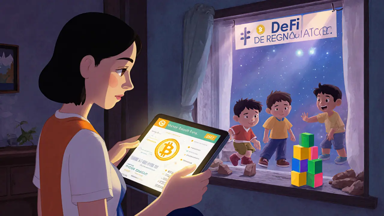 A Filipino family sending remittances via a secure registered crypto platform, with a glowing compensation fund logo nearby.