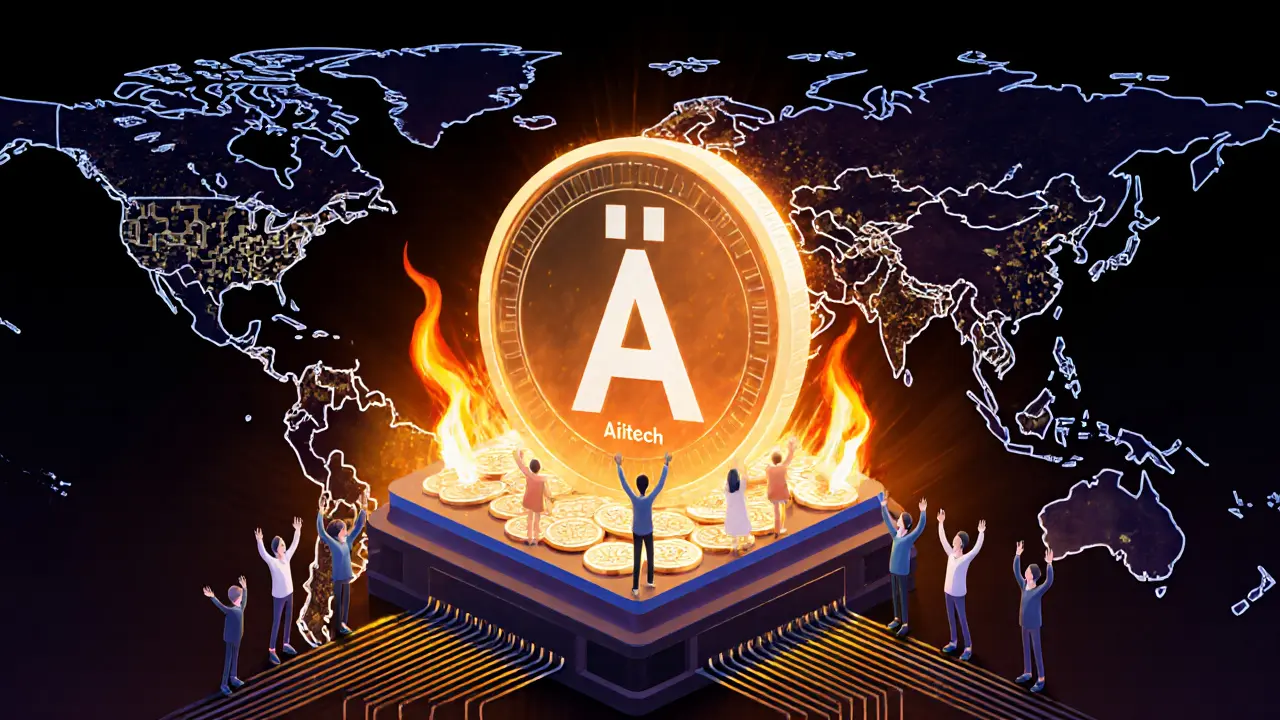 A glowing AITECH token burns in a circuit-board mechanism as users cheer, with a global AI network pulsing in the background.