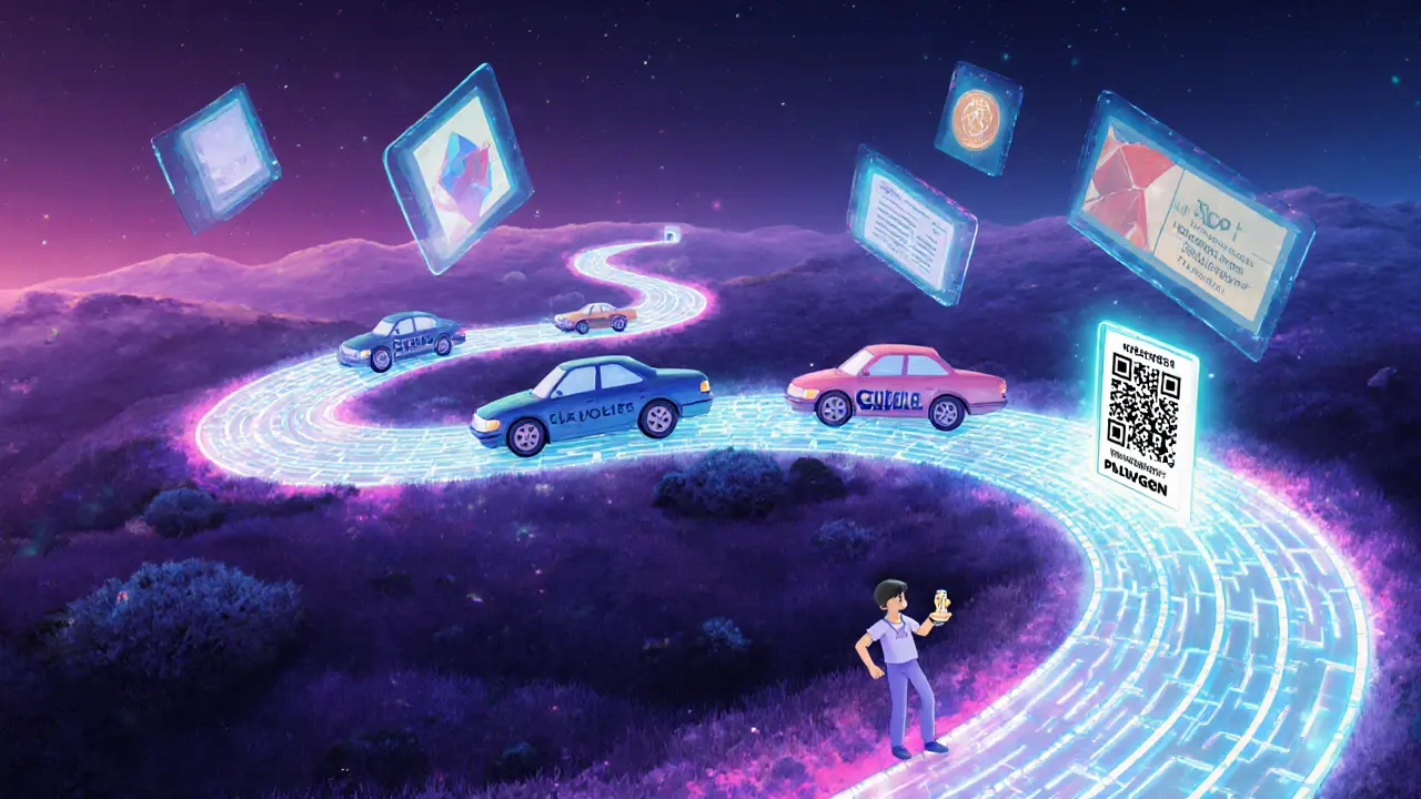A glowing blockchain road with different network cars leaves transaction trails toward a verified door.