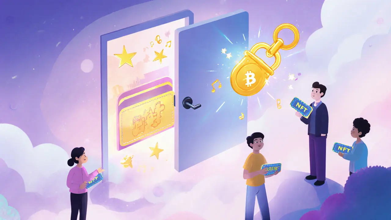 A glowing door opens only for a wallet-key, revealing enchanted content behind it in a whimsical Web3 community scene.