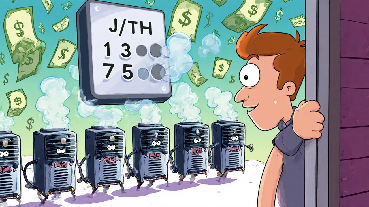A homeowner peering into a garage filled with smiling, sweating ASIC miners wearing AC hats.