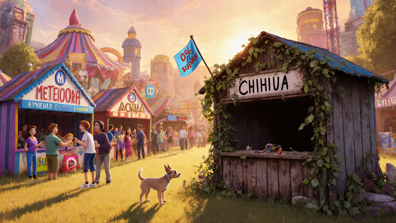 A lively crypto fair with real airdrops, while a neglected CHIHUA stall sits abandoned in the corner.