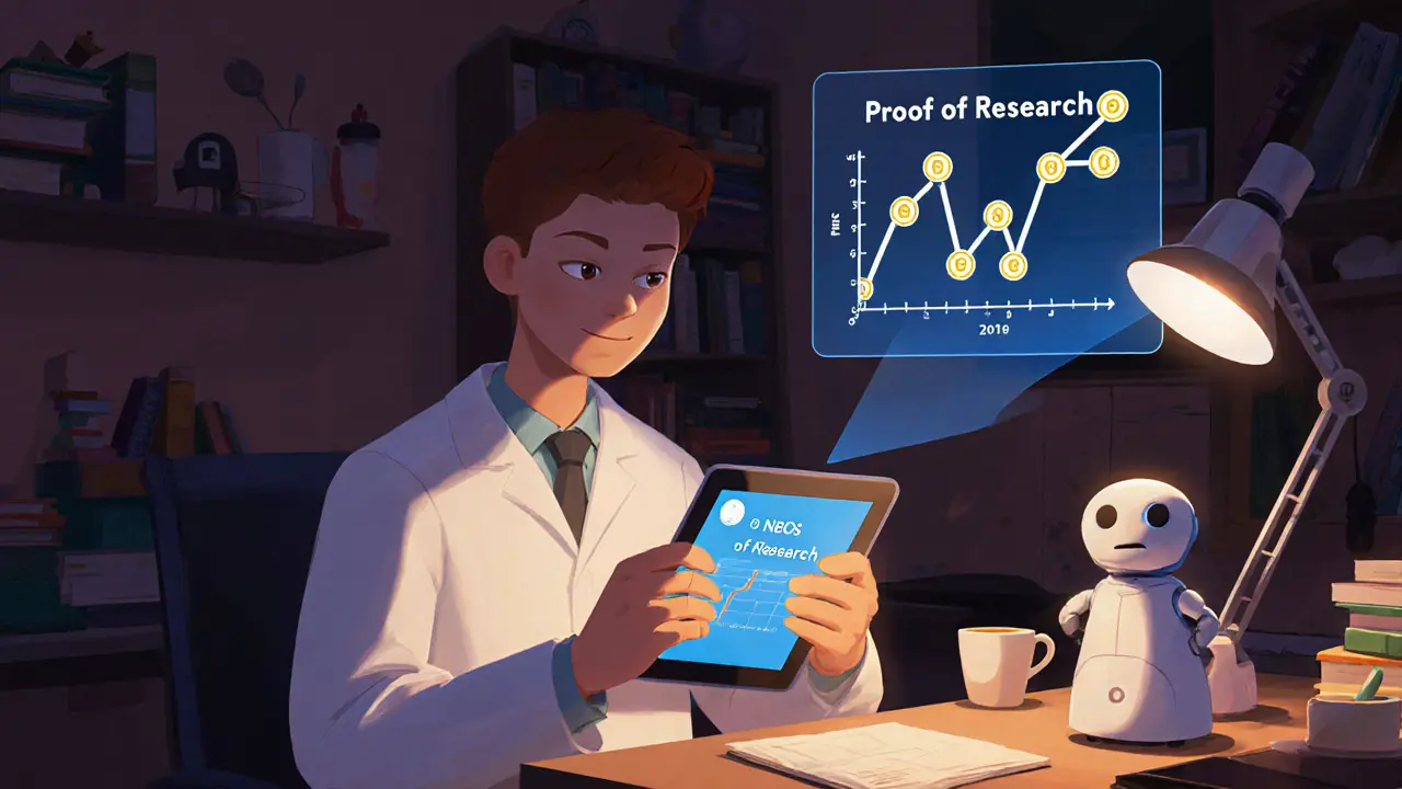 A lone researcher in a home lab views a Proof of Research animation as a tiny AI assistant shows NEOS token rewards flowing.