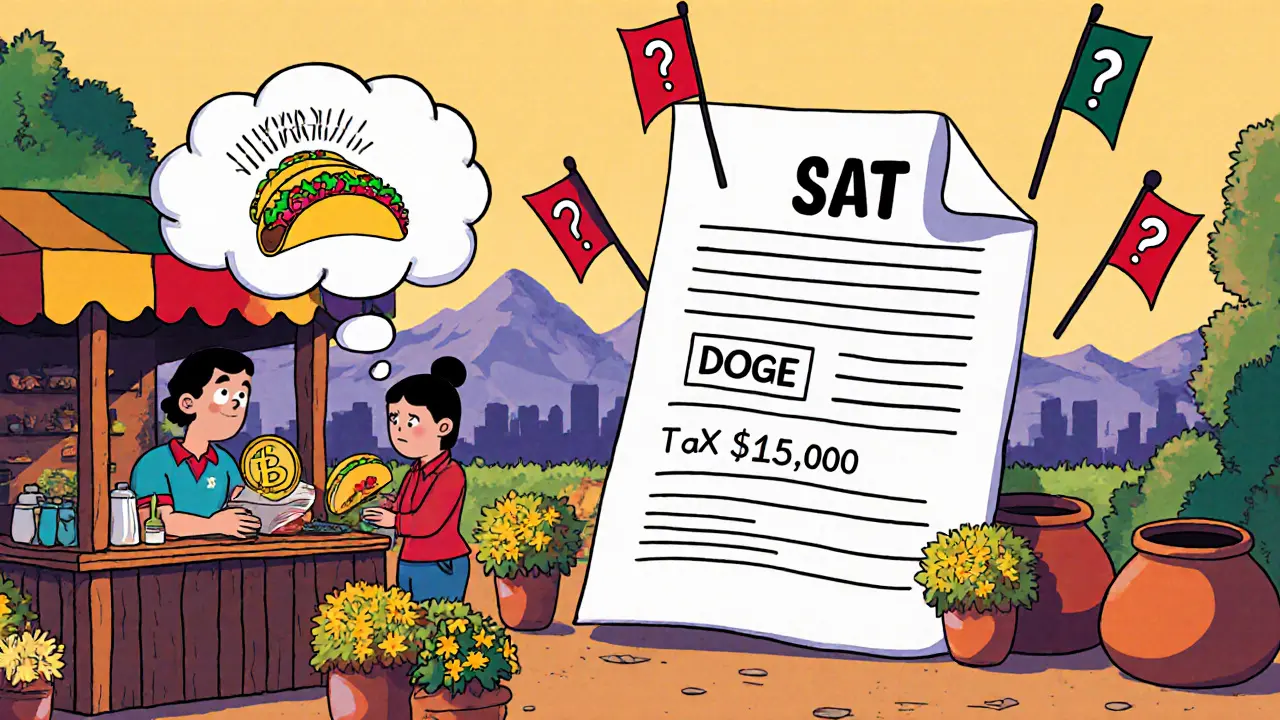 A market vendor accepting Dogecoin for tacos, with a tax calculation bubble above their head.