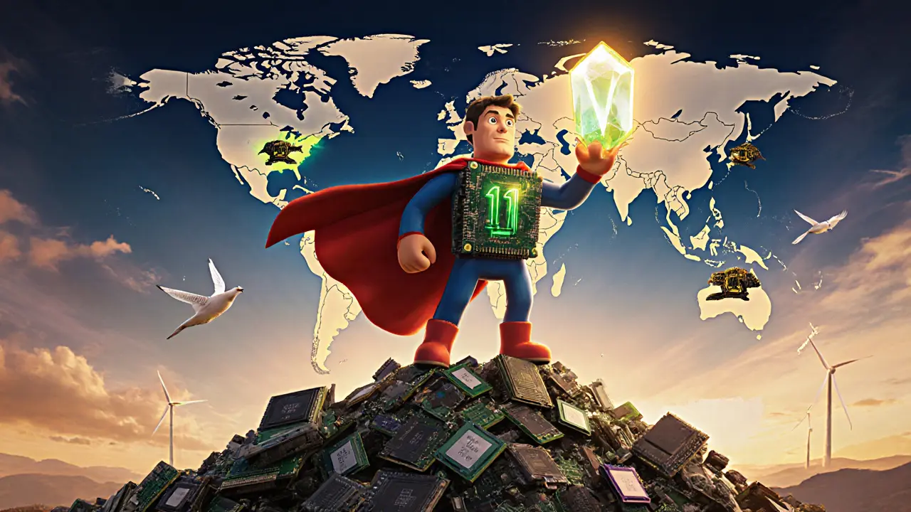A miner hero holding a J/TH crystal above a world map lit by green energy hubs.