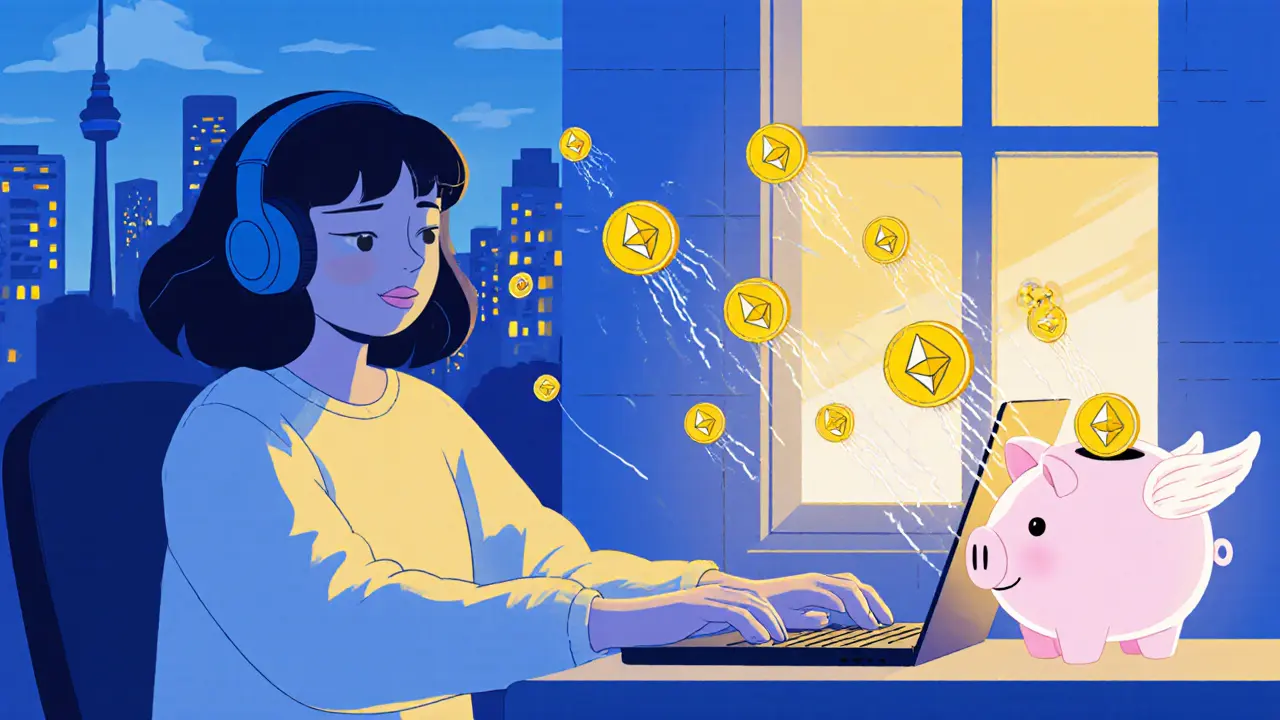 A musician receives streaming tokens as golden waterfalls from her music player.