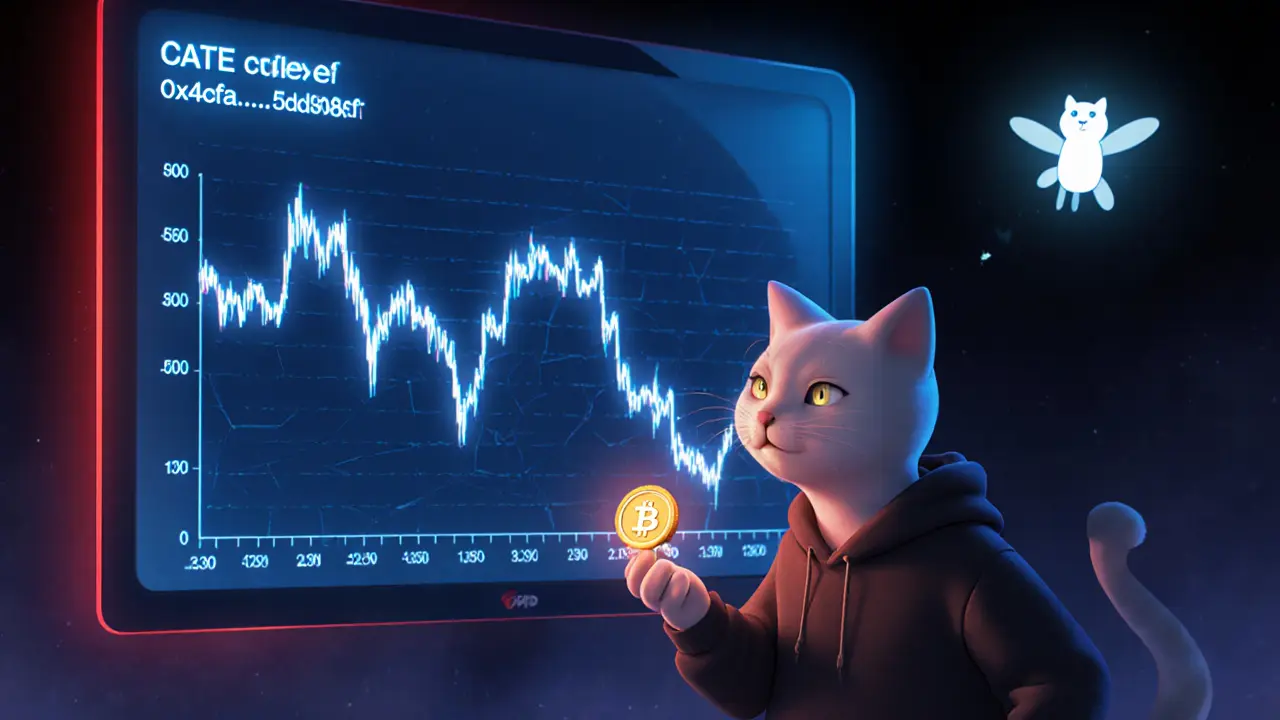 A nervous cat investor staring at a crumbling crypto price chart with a warning contract address floating nearby.