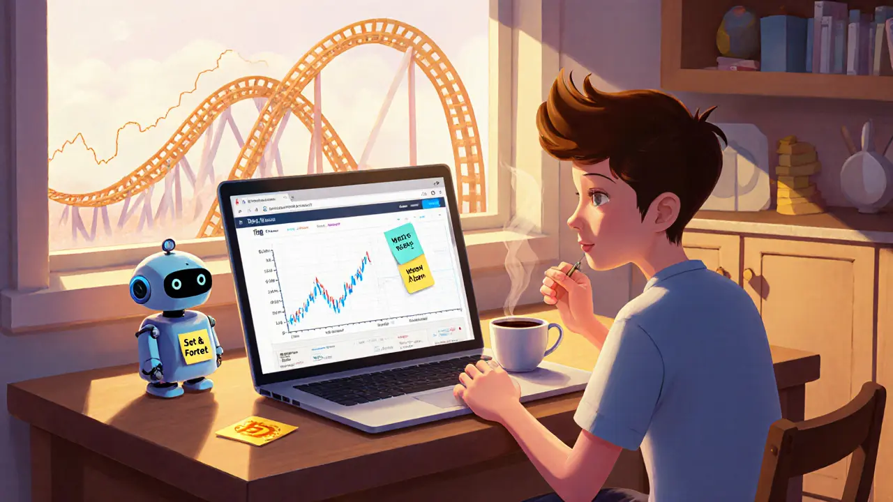 A person setting up a weekly crypto buy with a clock robot, price charts raging outside the window.