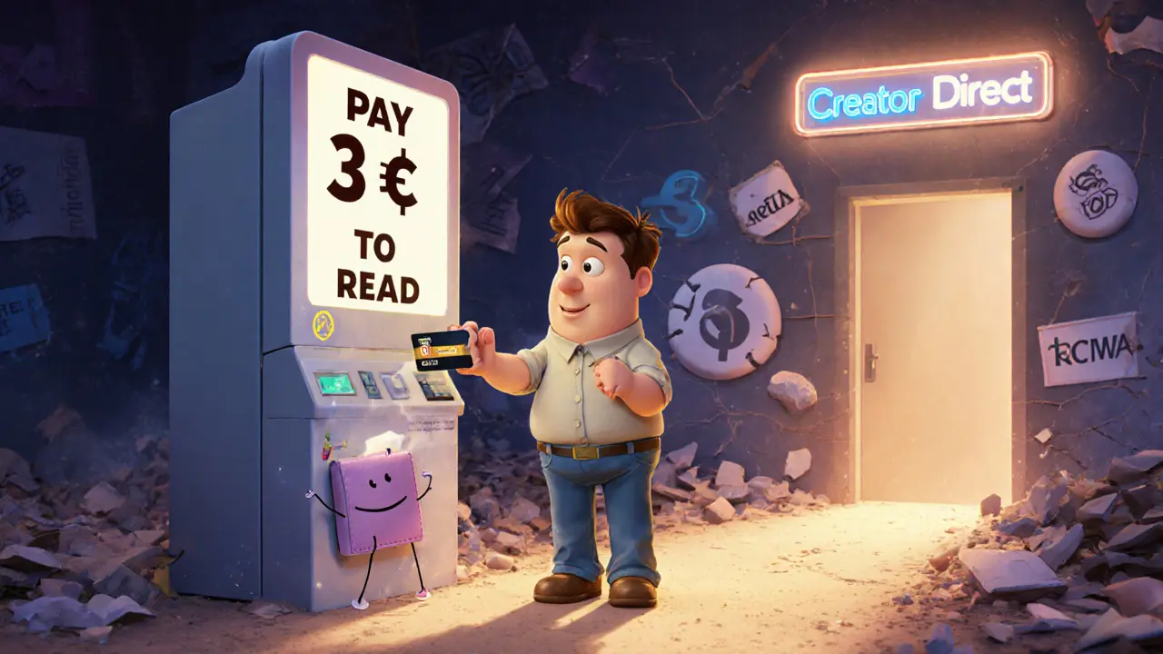 A reader learns to pay a creator directly with a friendly wallet guide, ads crumbling behind.