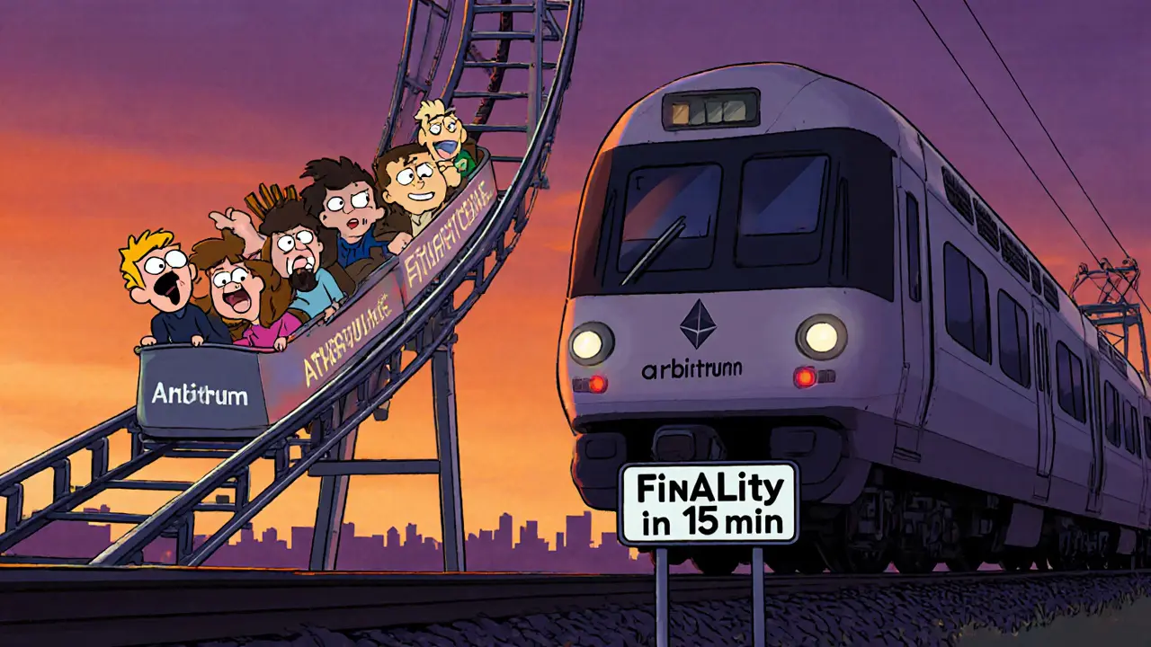 A rollercoaster labeled &#039;Arbitrum&#039; racing past a slow Ethereum train, track disconnecting above the checkpoint.