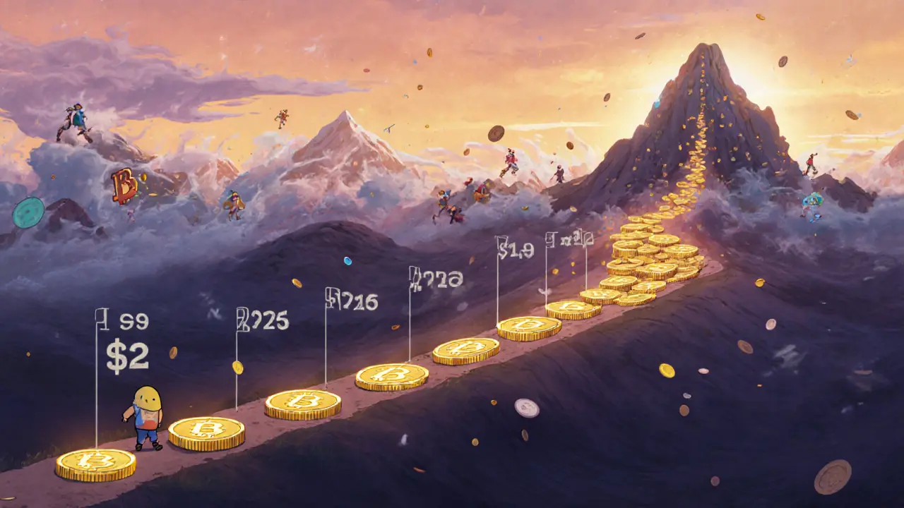 A small figure walking a timeline, steadily buying crypto as storms swirl around them.