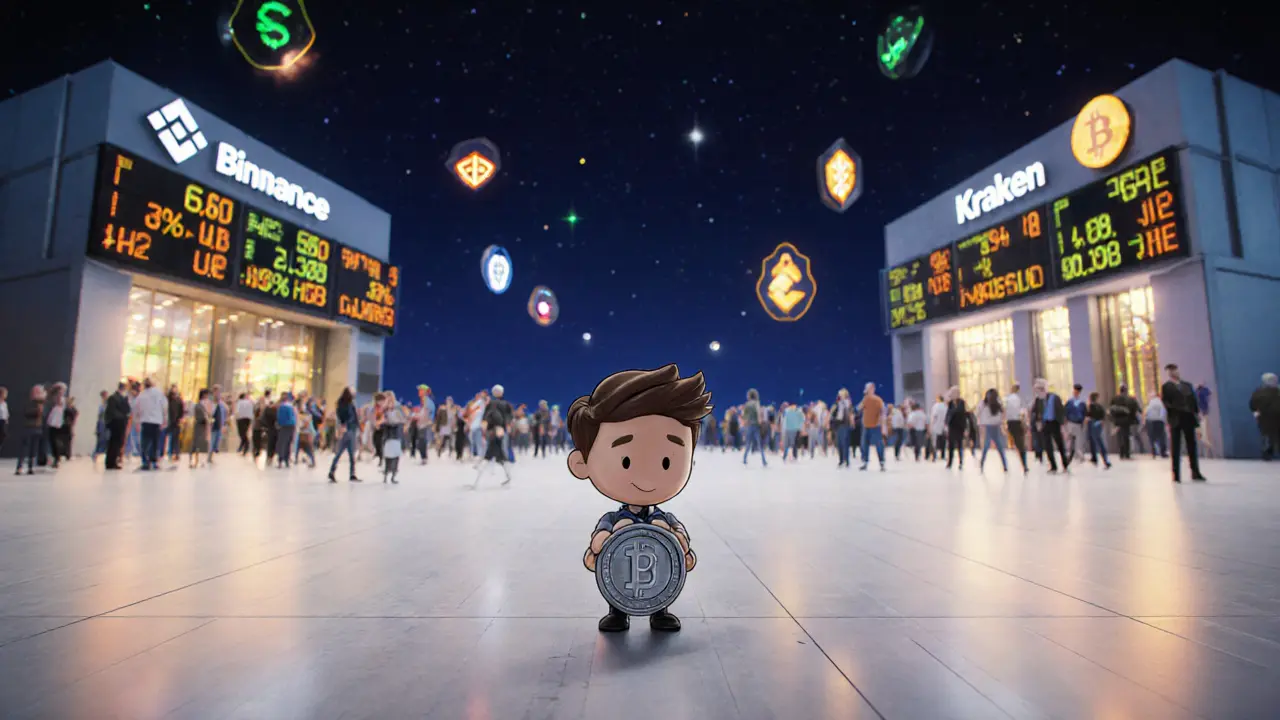 A small investor standing alone on an empty trading floor beside giant, bustling exchanges.