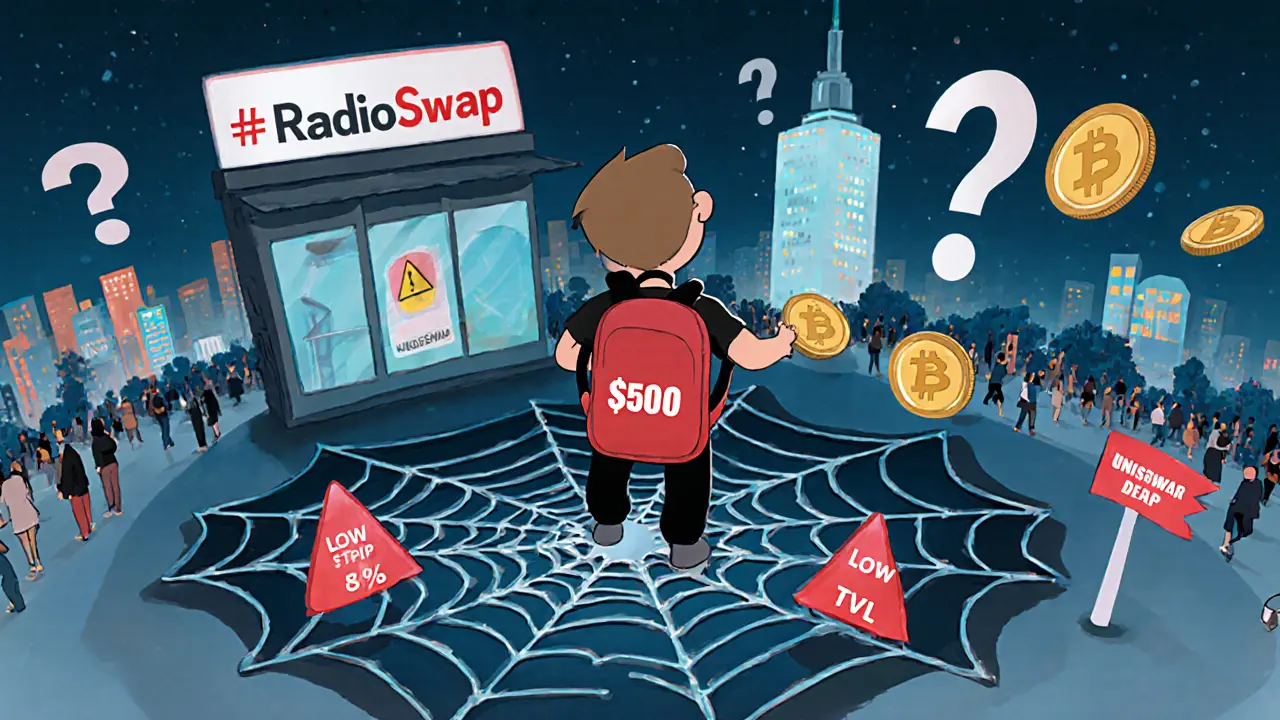 A small trader on a tiny DEX platform dwarfed by massive competitors, with warning signs about low liquidity and high slippage.