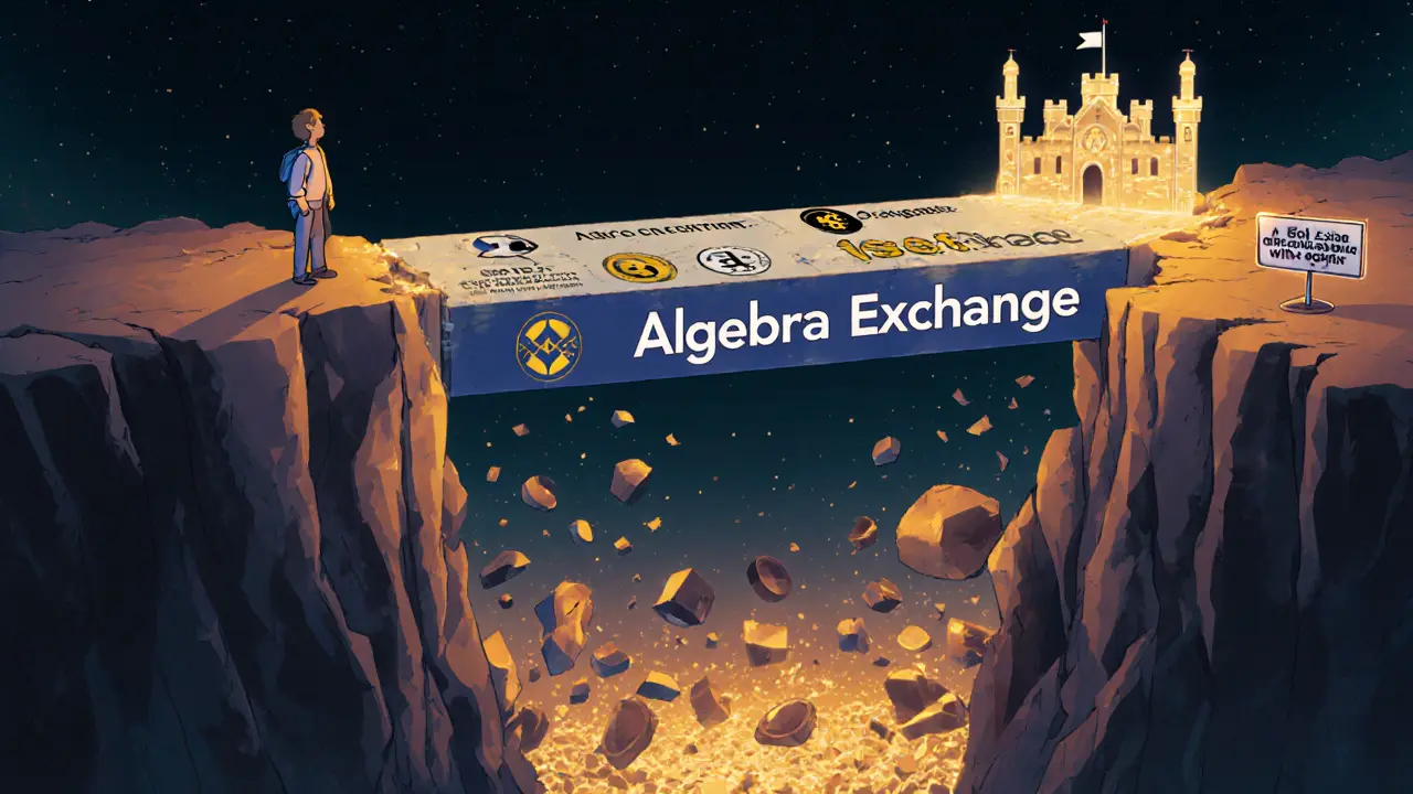 A trader standing on a safety cliff as Algebra Exchange crumbles into a void.