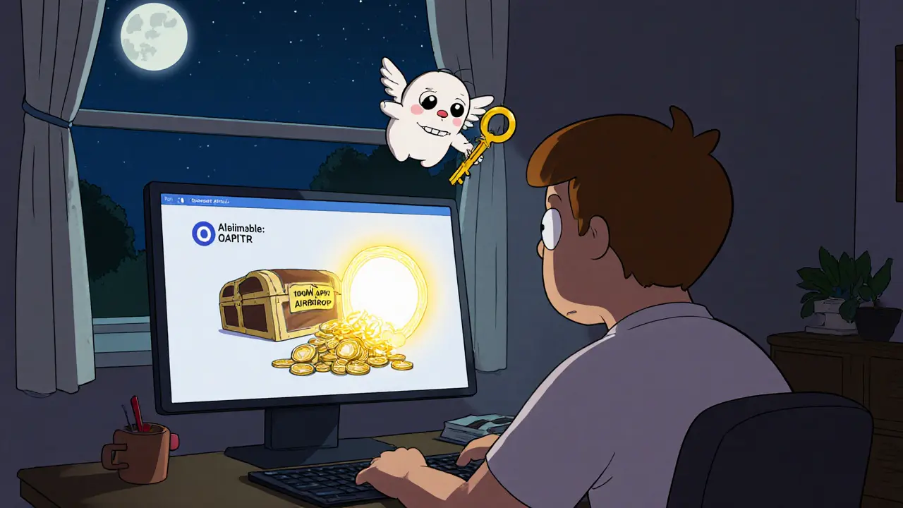 A user discovers a hidden portal to APTR tokens through a tiny solver, with a &#039;0 APTR&#039; screen glowing softly in a cozy room.