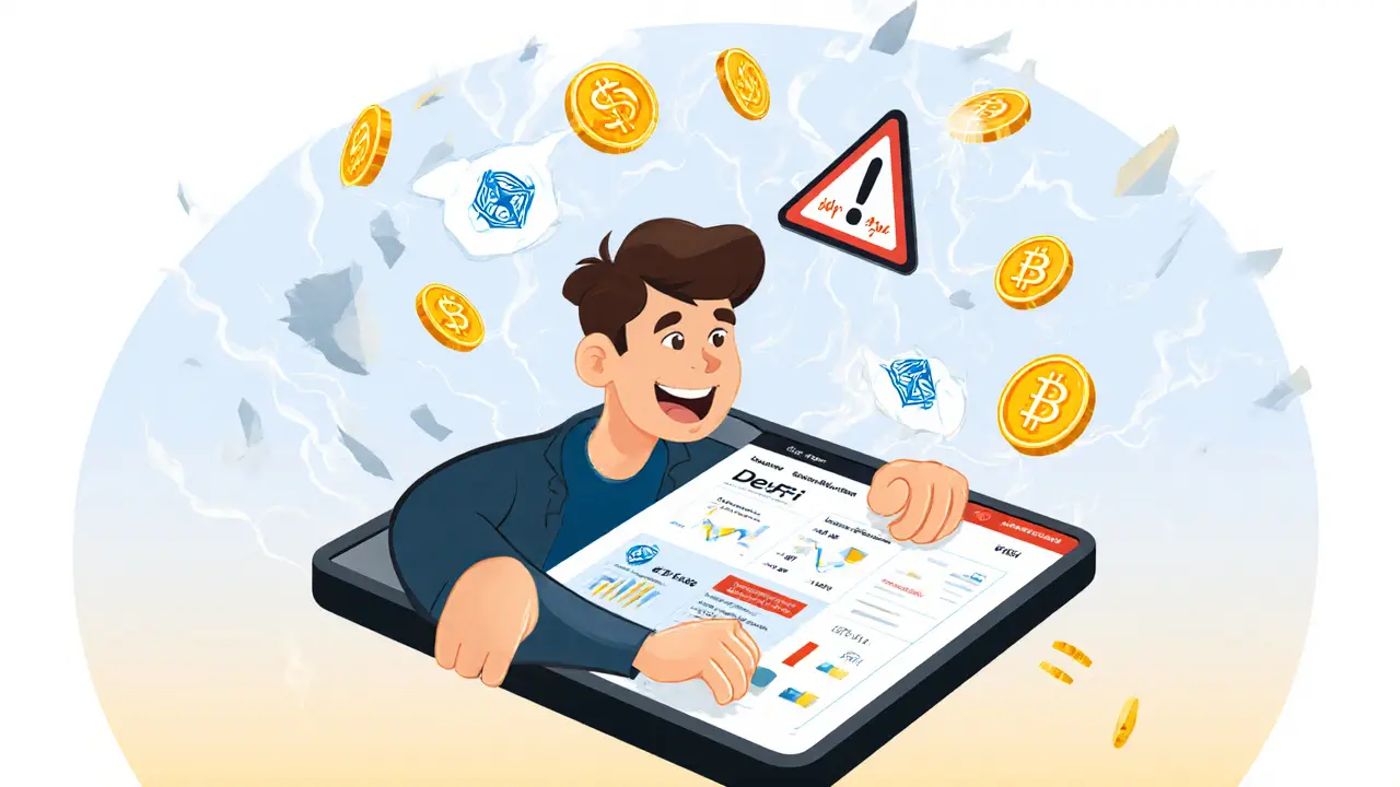 A user managing DeFi assets on a floating tablet with slisBNB and lisUSD icons, calmly responding to a market alert.