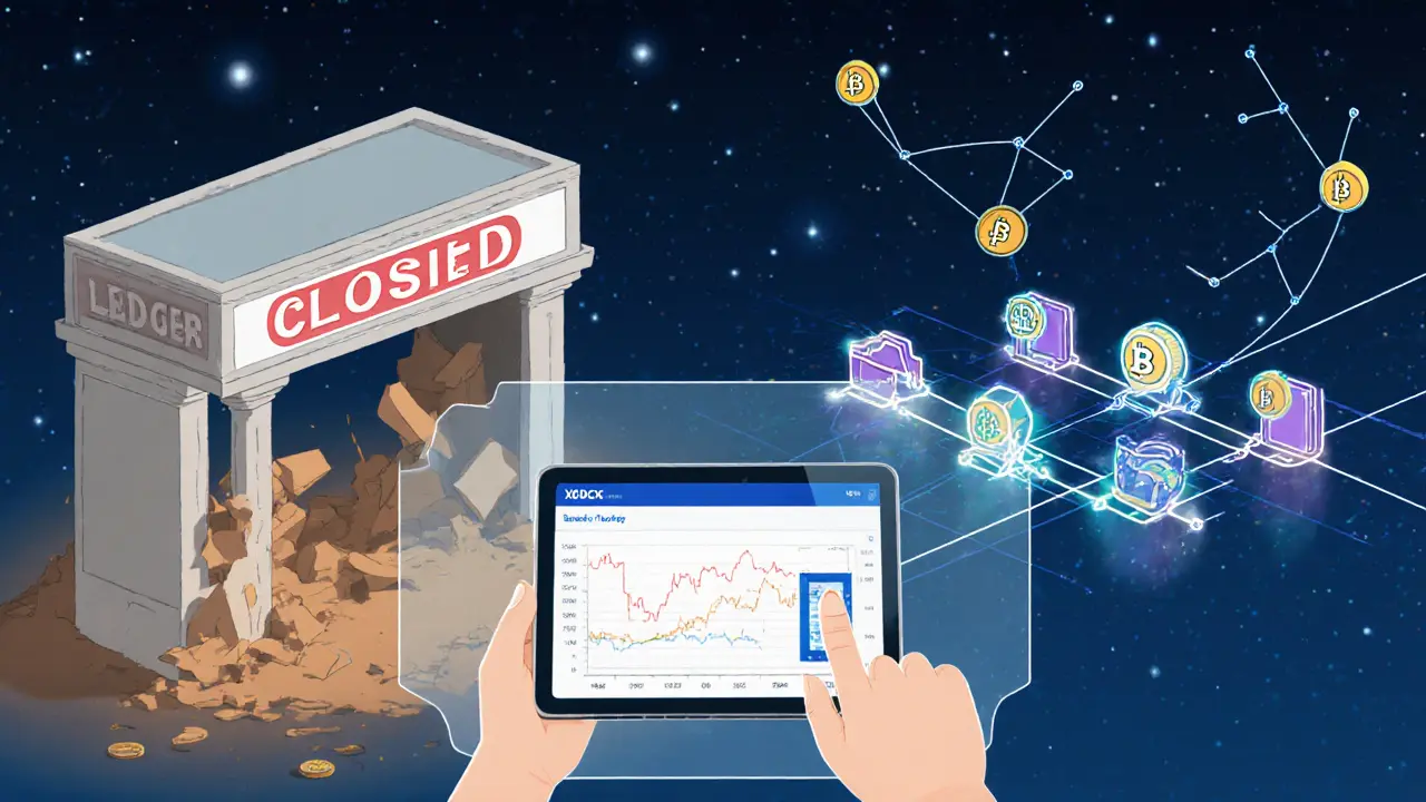 A user trading from a wallet as a centralized exchange crumbles, while a decentralized network thrives with on-chain activity.