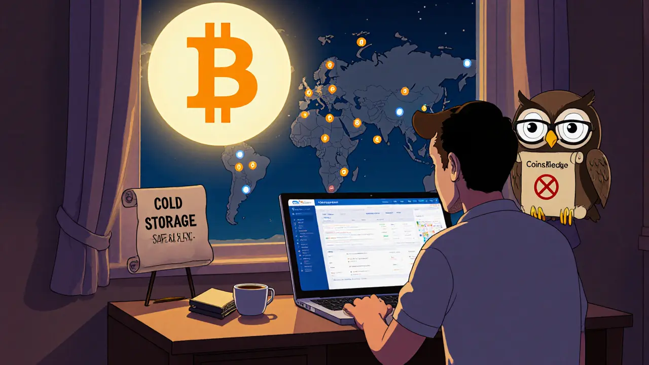 A user works at a desk with a hardware wallet as a Bitcoin moon shines over a global map with no U.S. markers.