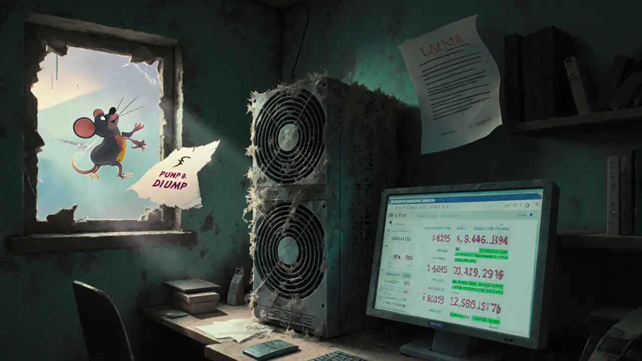 An abandoned crypto office with a dusty miner and flickering price monitor, cobwebs and broken windows.