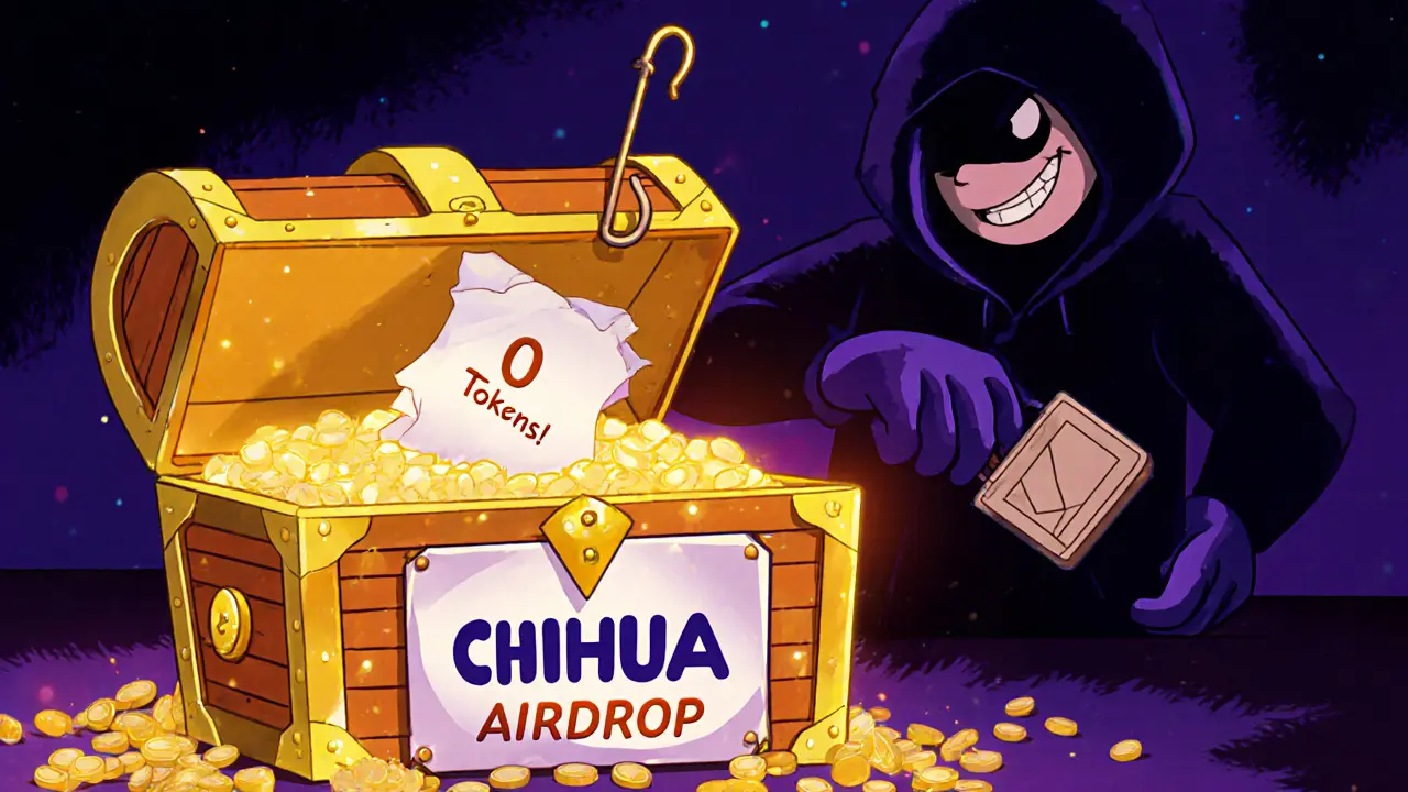 An empty treasure chest labeled CHIHUA Airdrop as a shady figure tries to steal a wallet.