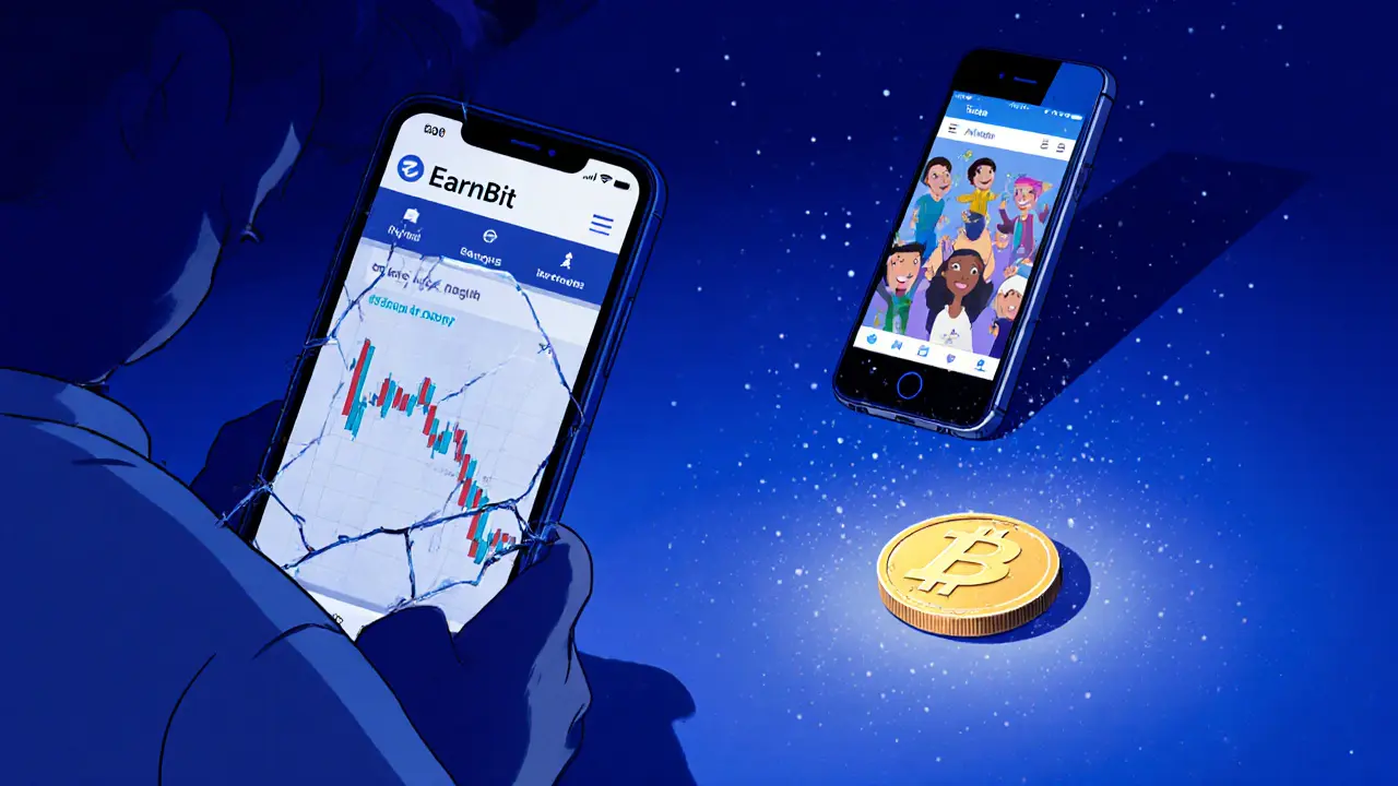 An iOS user stares at a web version of EarnBit while a streaming Android phone glows nearby, symbolizing platform limitations.