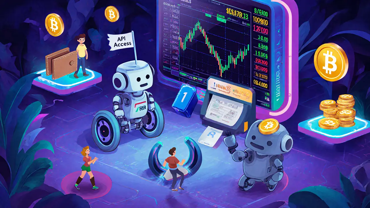 Cartoon trading bots race around a digital floor with a 0.15% fee sign and live price charts in the background.