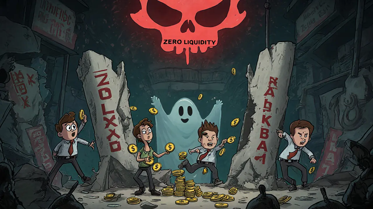 Chaotic marketplace with investors trading LANA coins on a shaky table, ghostly team fading behind a skull warning sign.