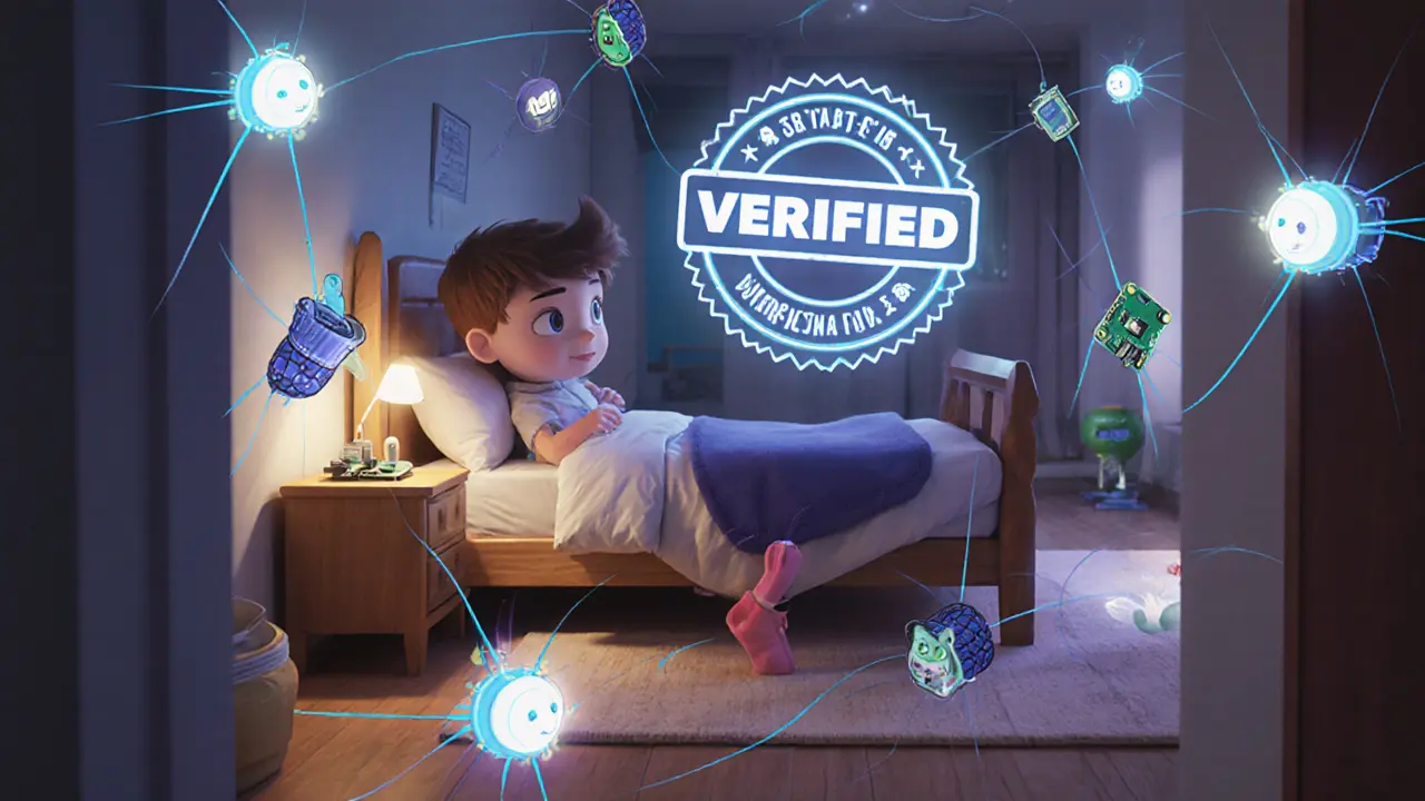 Child connecting Raspberry Pi as magical Tor tunnels and nodes appear around the room, symbolizing decentralized trust.