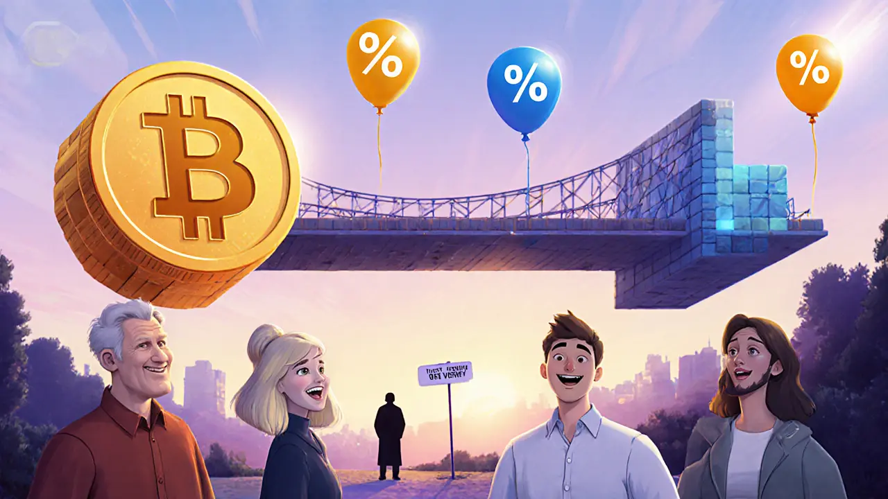 Diverse users crossing a WBTC bridge between Bitcoin and Ethereum, earning yield, in Pixar style.