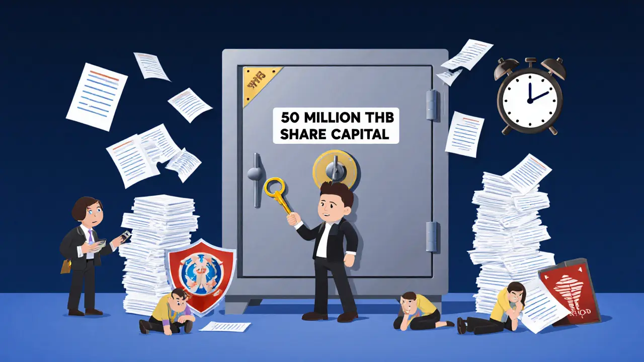 Entrepreneur placing 50 million THB into a vault surrounded by legal documents and compliance officers.