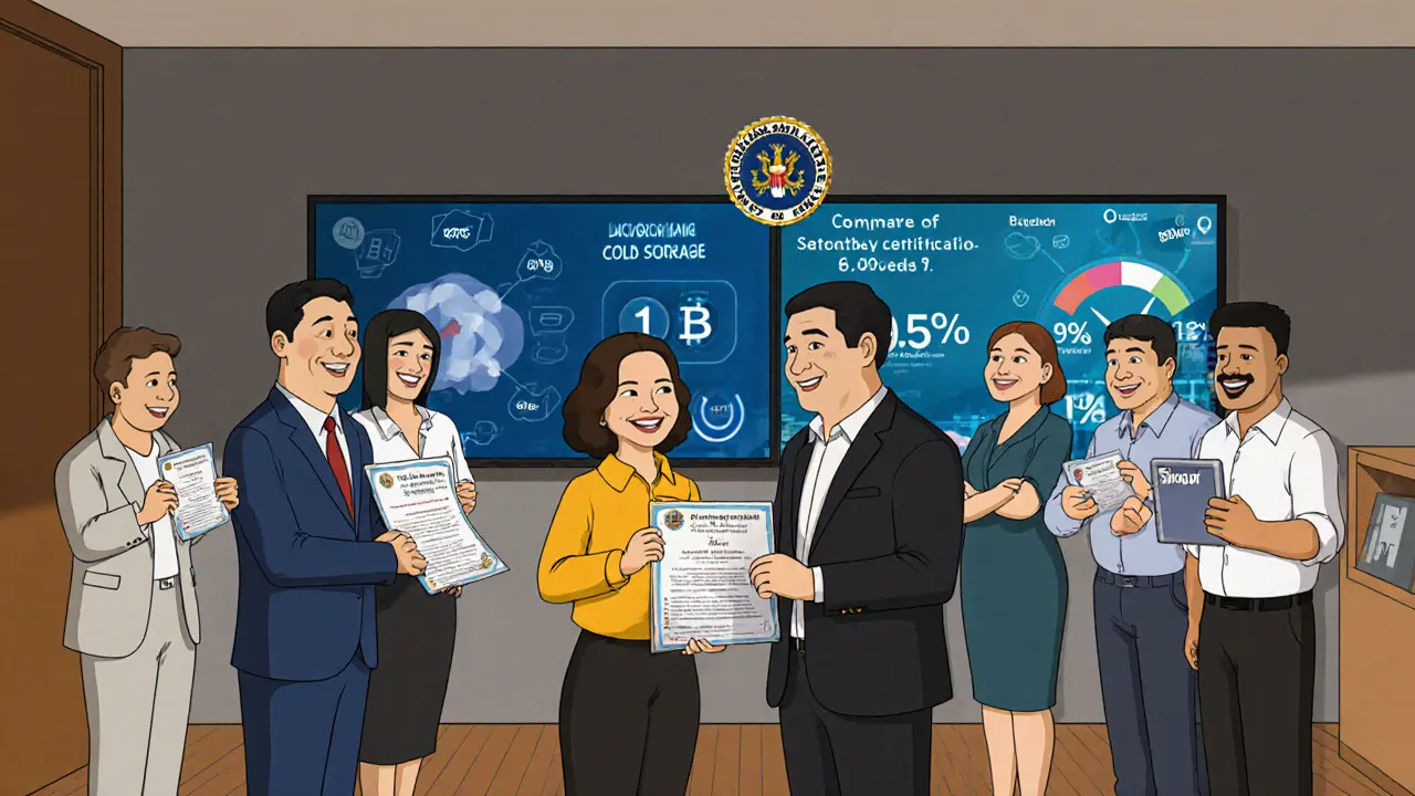 Filipino entrepreneurs celebrating registered CASP certificates in a bright SEC office with digital compliance displays.