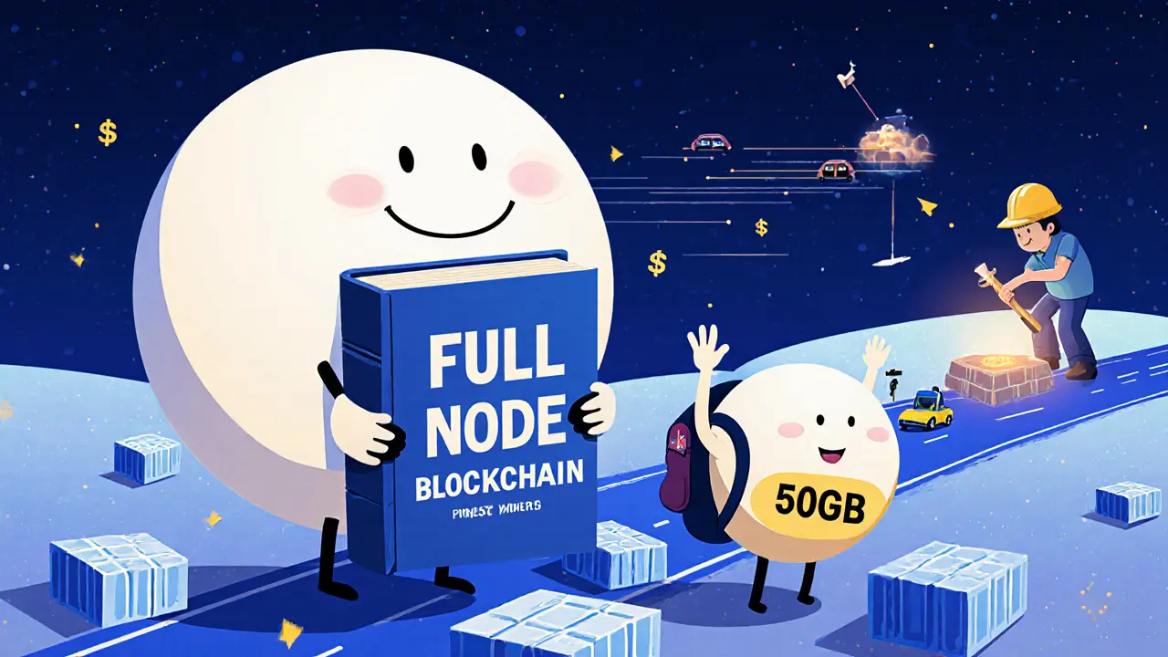 Friendly full node holding a giant blockchain book next to a smaller pruned node, with transactions zipping by like cars.