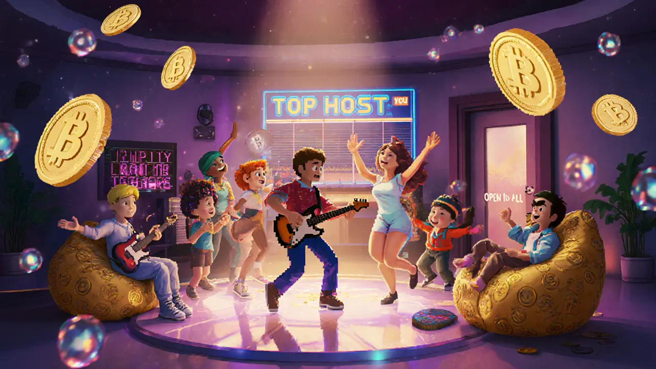 Group of pixel avatars throwing a party in a colorful NFT hotel room with holographic leaderboard.
