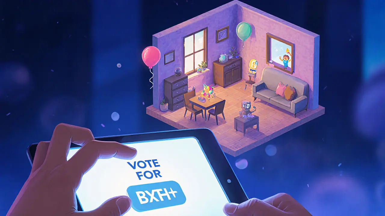 Hand voting on MEXC screen as a digital NFT hotel room appears behind with a waving avatar.