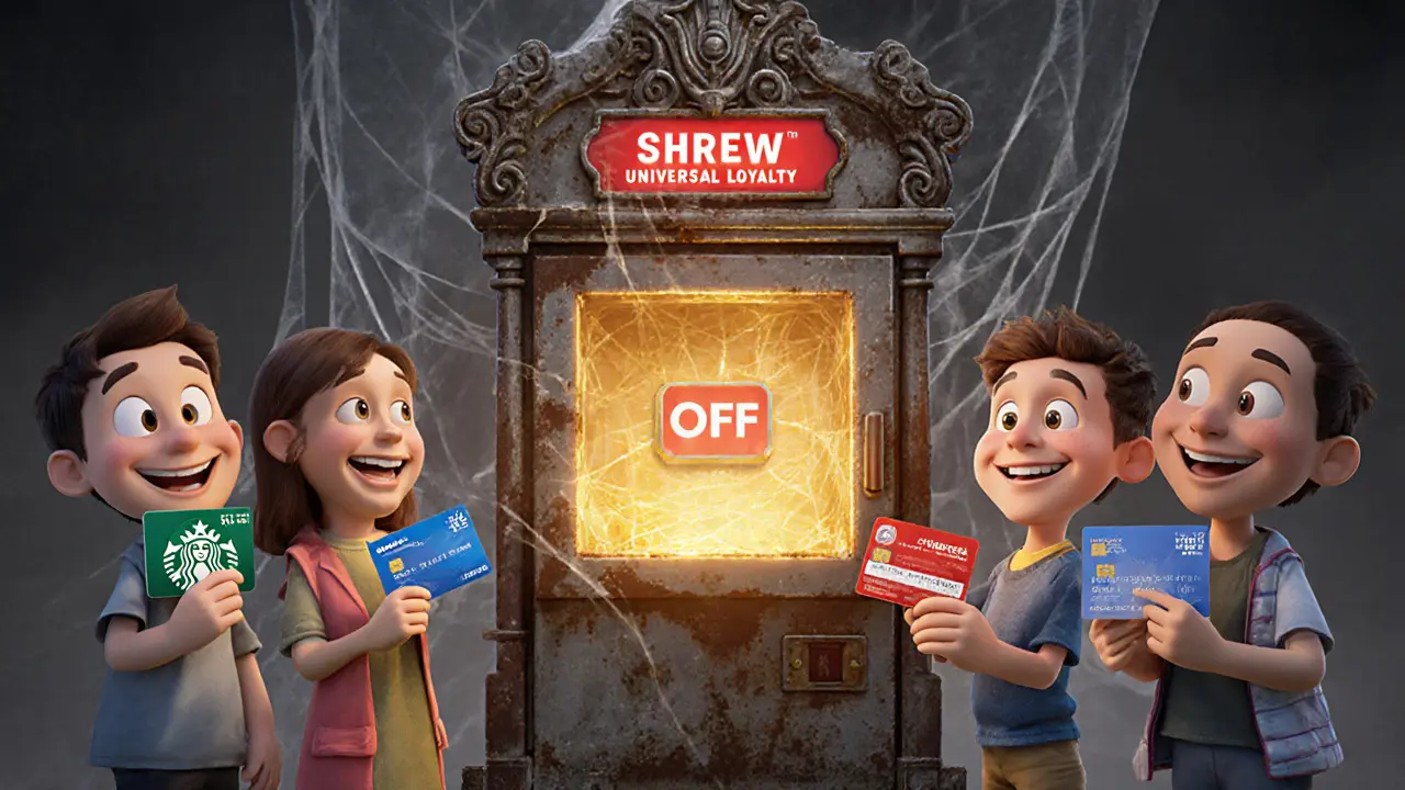 People drop loyalty cards into a broken SHREW machine covered in cobwebs.