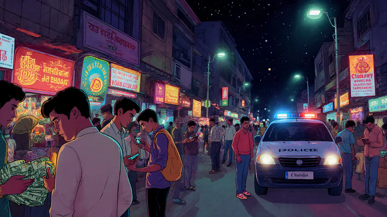 People trading crypto with cash in a nighttime Dhaka market, police car in distance.