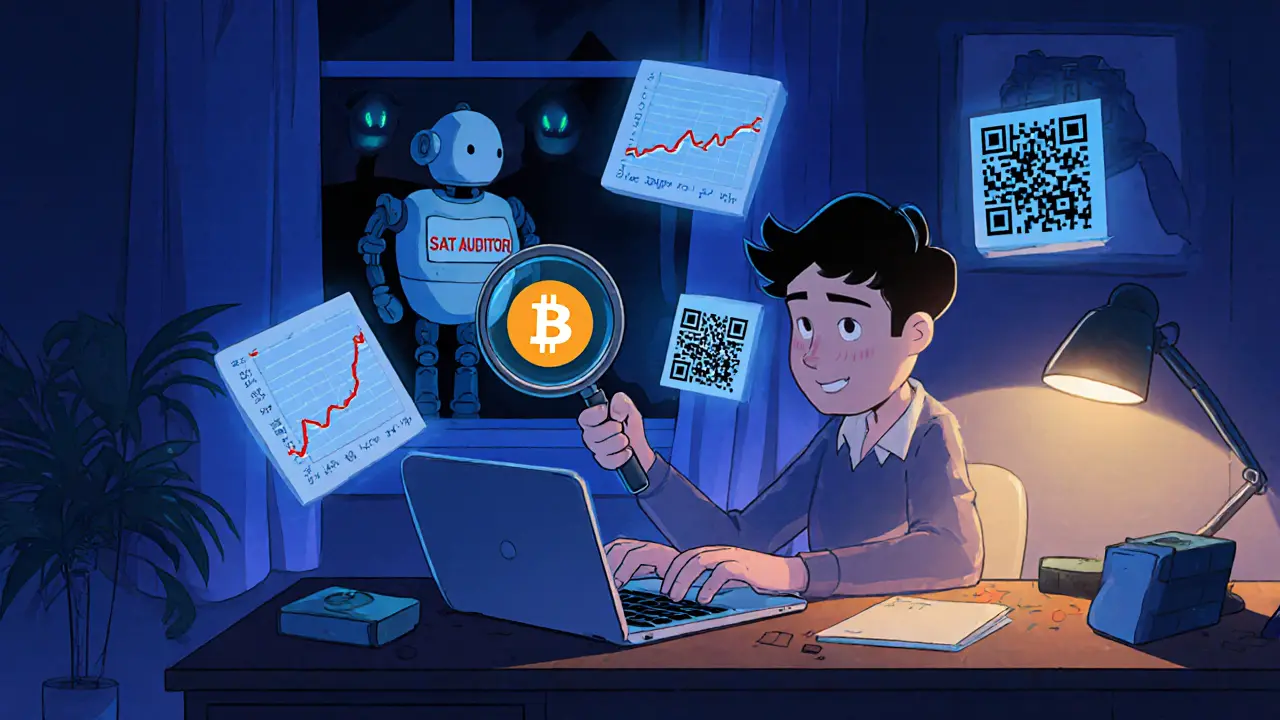 Someone at a messy desk surrounded by crypto transaction charts and a lost wallet icon, with an auditor peeking in.