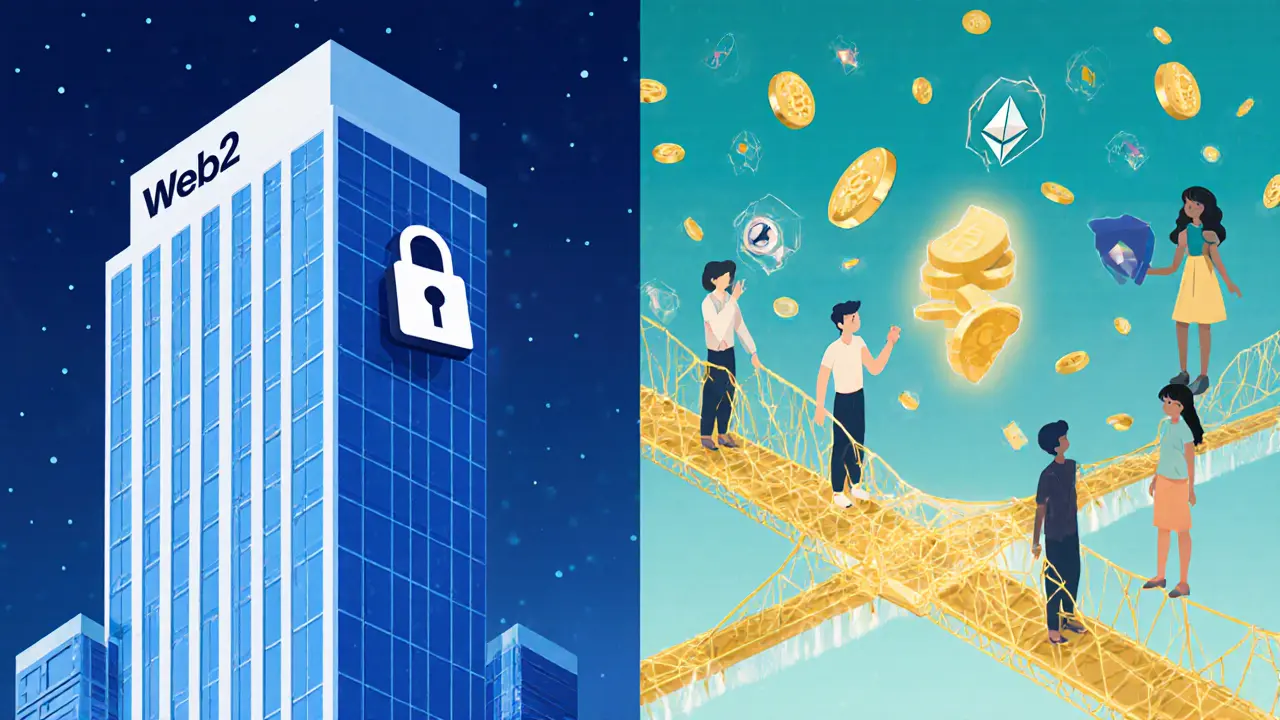 Split scene: corporate Web2 locking data vs. open Web3 with users holding digital keys and golden blockchain bridges.