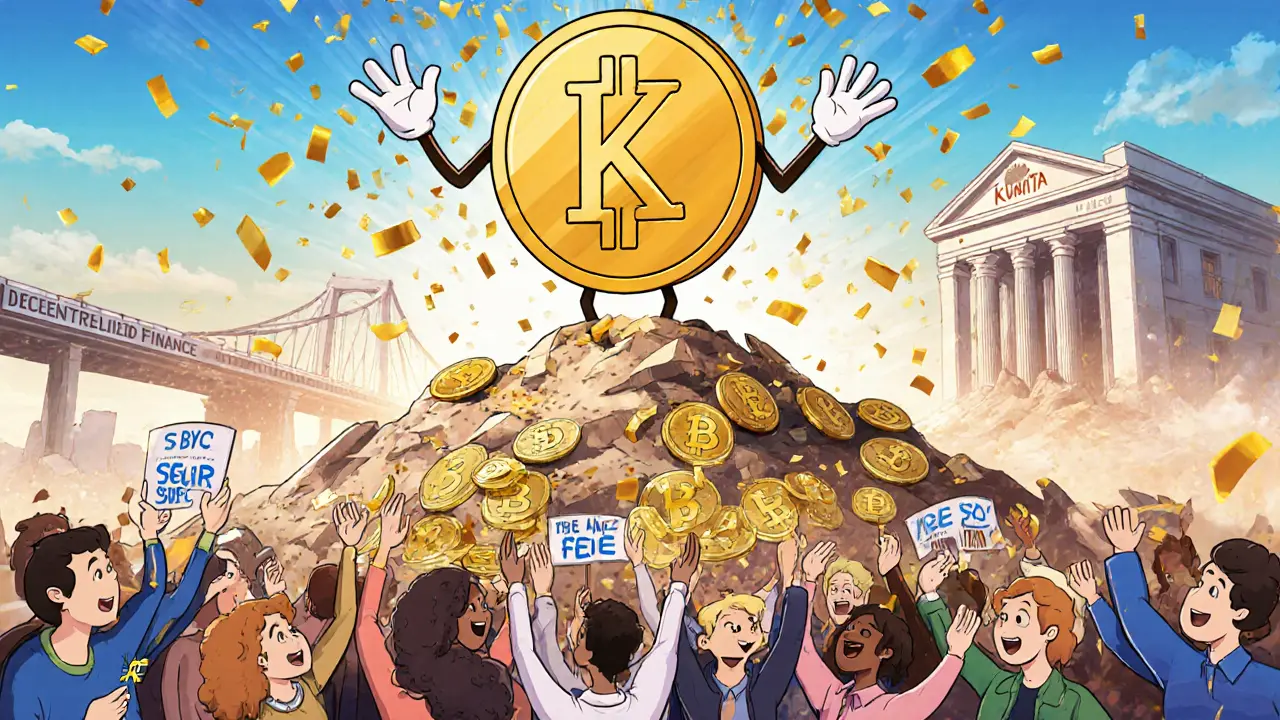 The KWENTA token as a friendly coin distributing rewards while traditional banks crumble in the background.
