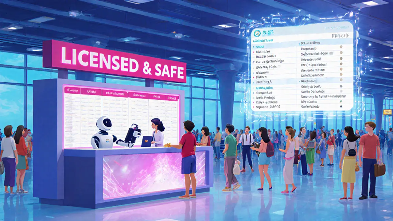 Tourists exchanging crypto for Thai Baht at an airport kiosk with a robot assistant and SEC safety banner.