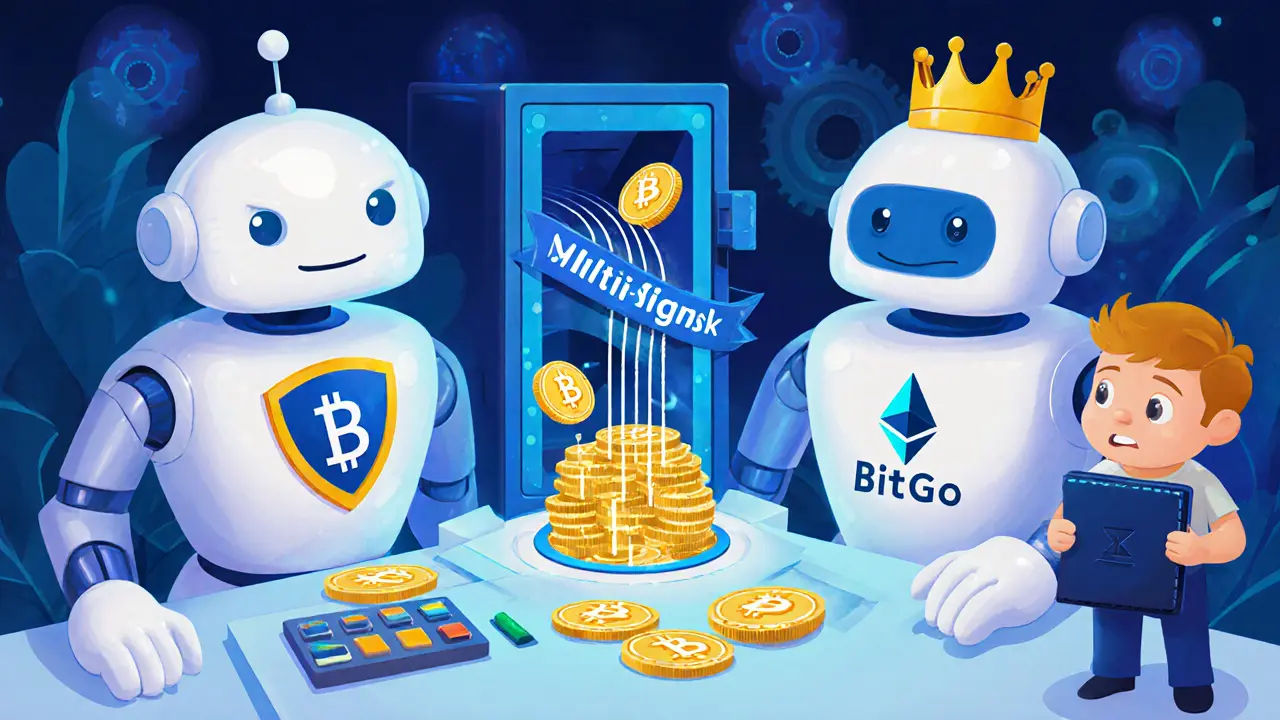 Two custodian robots managing WBTC minting with a multi-signature panel, in Pixar style.