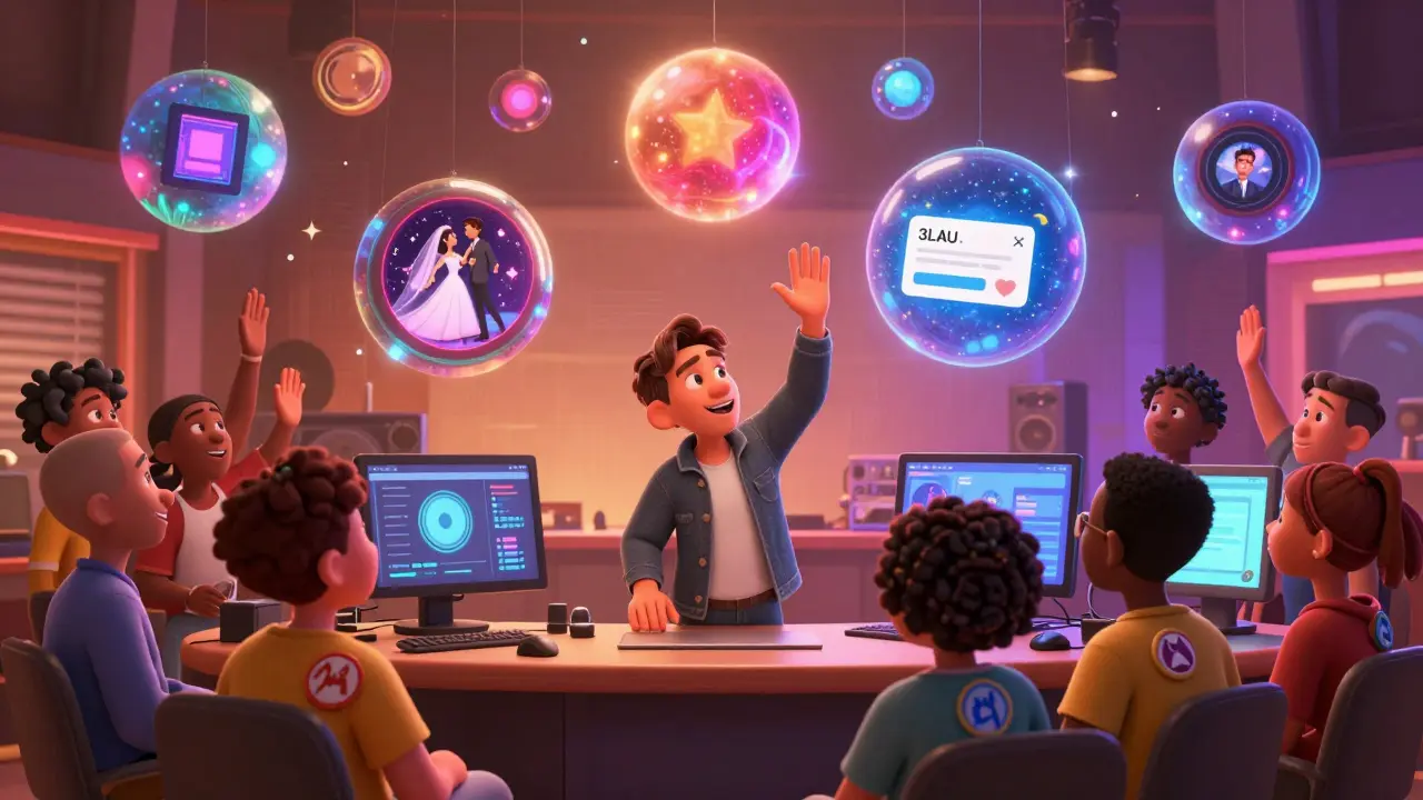 3LAU in a studio with floating NFTs showing fan perks, celebrating with a diverse group.