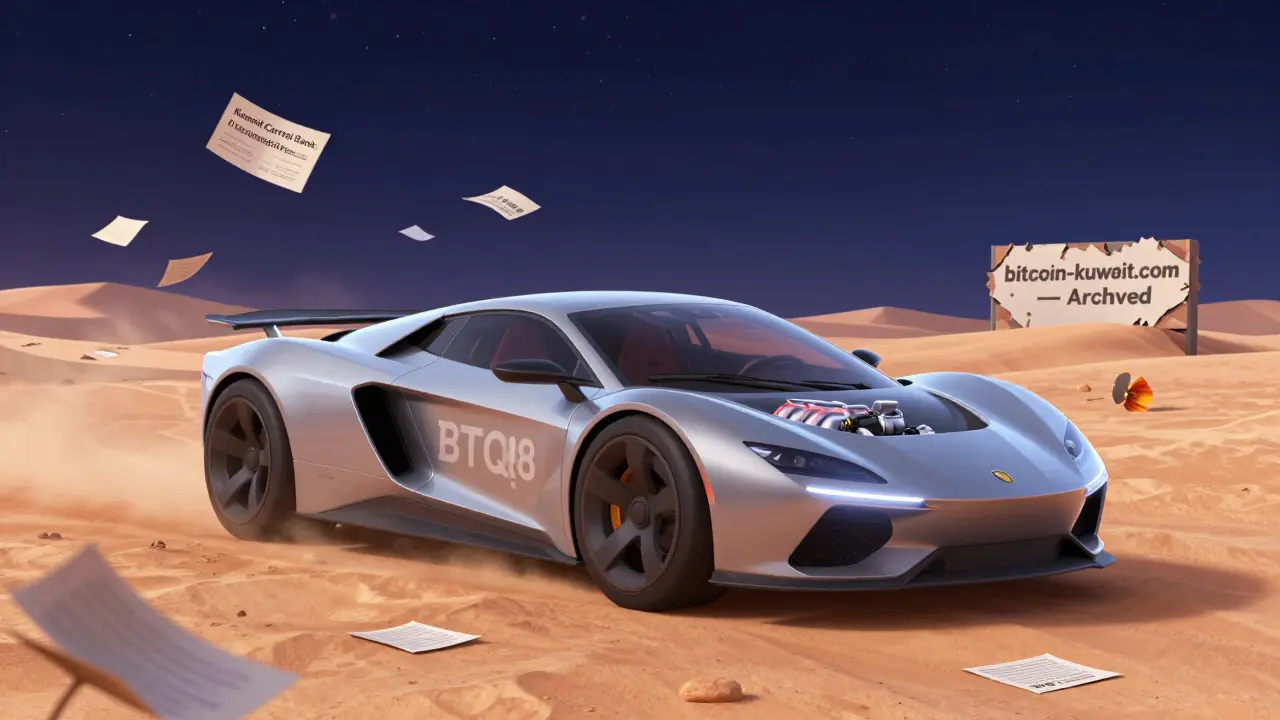 A car labeled BTCQ8 sits without wheels or fuel, surrounded by official warnings and an archived website sign.