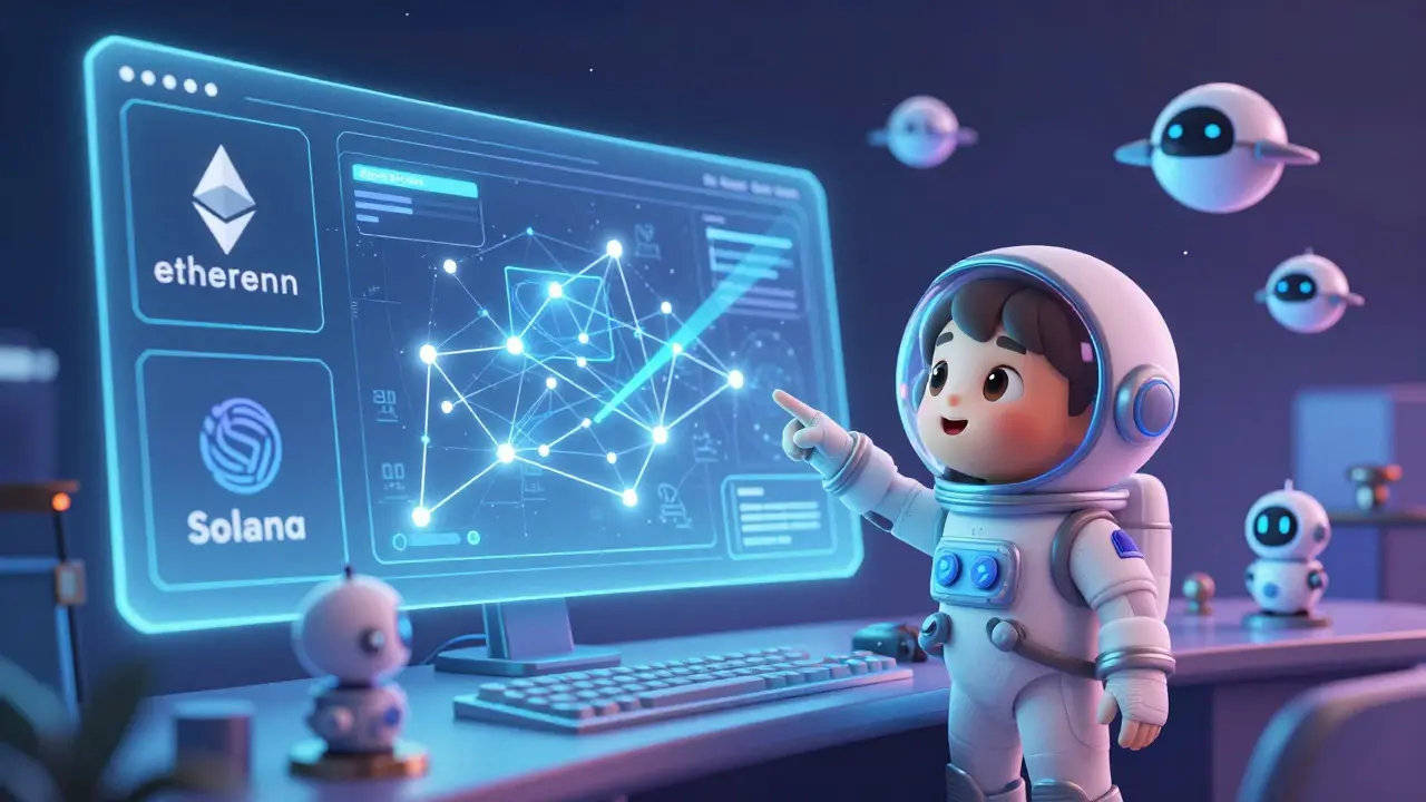 A child-like avatar explores a holographic map of connected blockchains guided by tiny robot controllers.