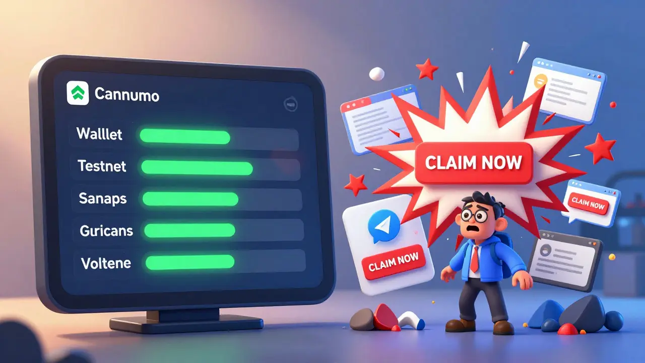 A clean digital dashboard shows real airdrop steps on one side and chaotic scams on the other.