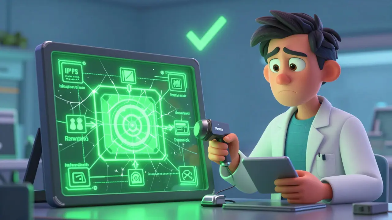 A collector holding a broken NFT frame as a technician secures it into a resilient IPFS network.